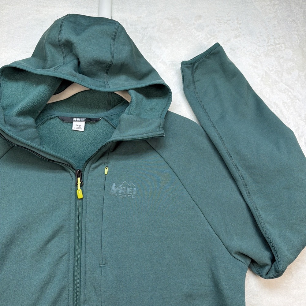 REI Co-op Polartec Fleece Jacket Men's‎ Large Green Full Zip Hooded Outdoor